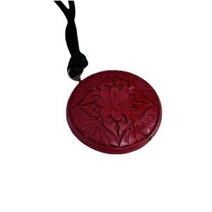 Cinnabar Handmade Wood Lacquer Flower Carved Pendant Long Rope Black Necklace